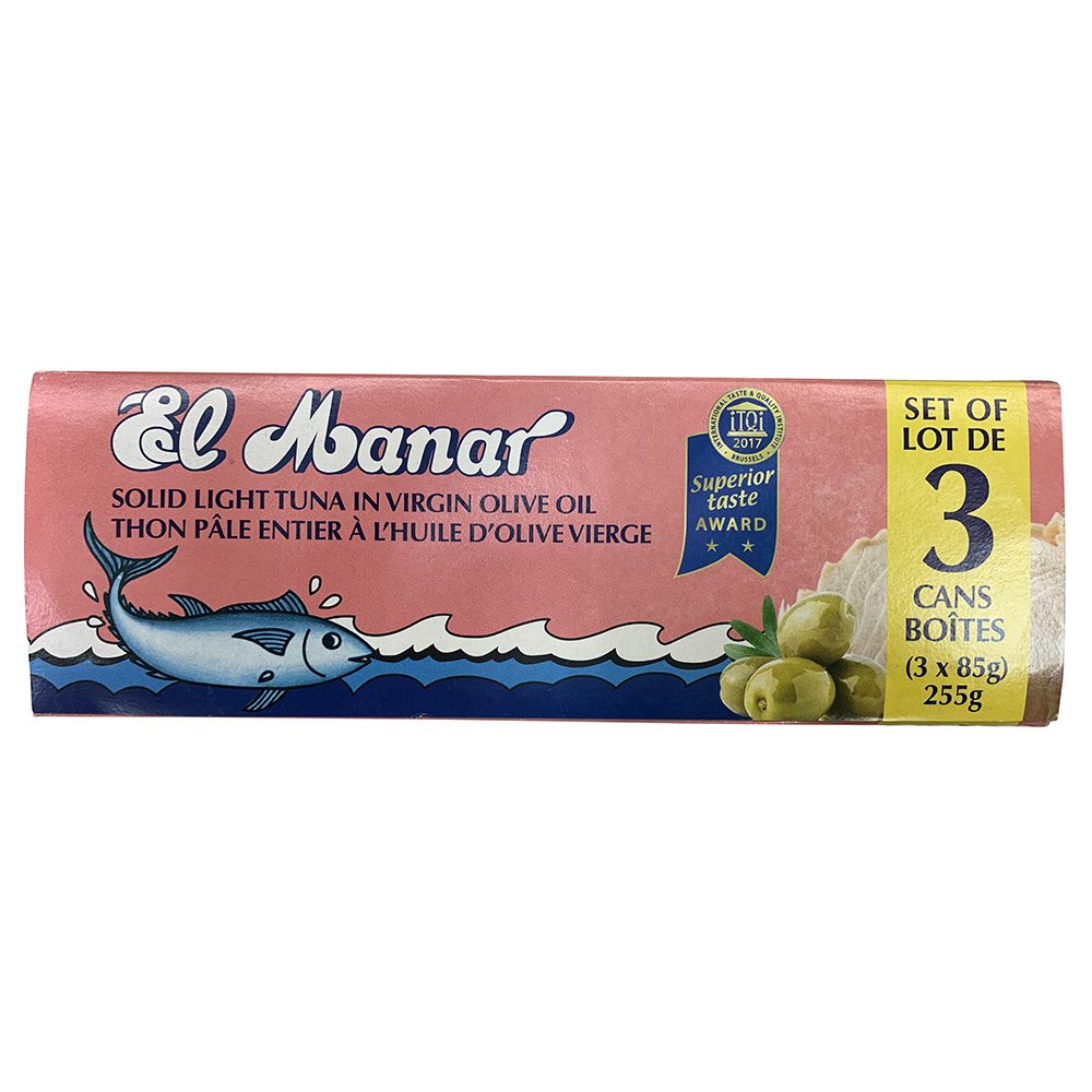 Thon pâle entier à l’huile d’olive vierge, El Manar, 3 x paquet de 85 g